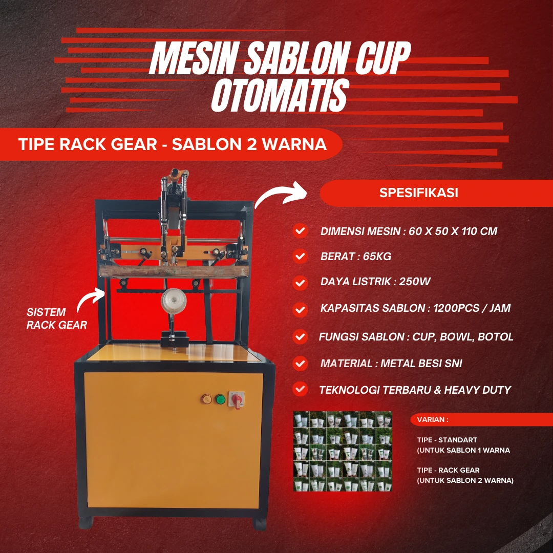 Rekomendasi Mesin Sablon Cup Otomatis Tipe Rack Gear Untuk Sablon 2 Warna